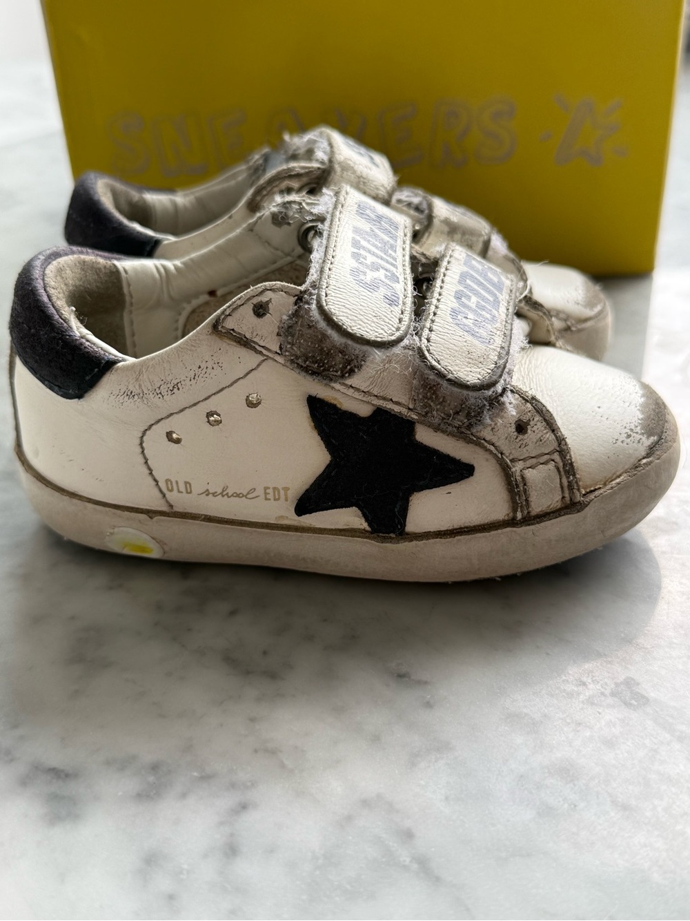 Golden Goose Kids White Leather Sneakers with Navy Star Velcro